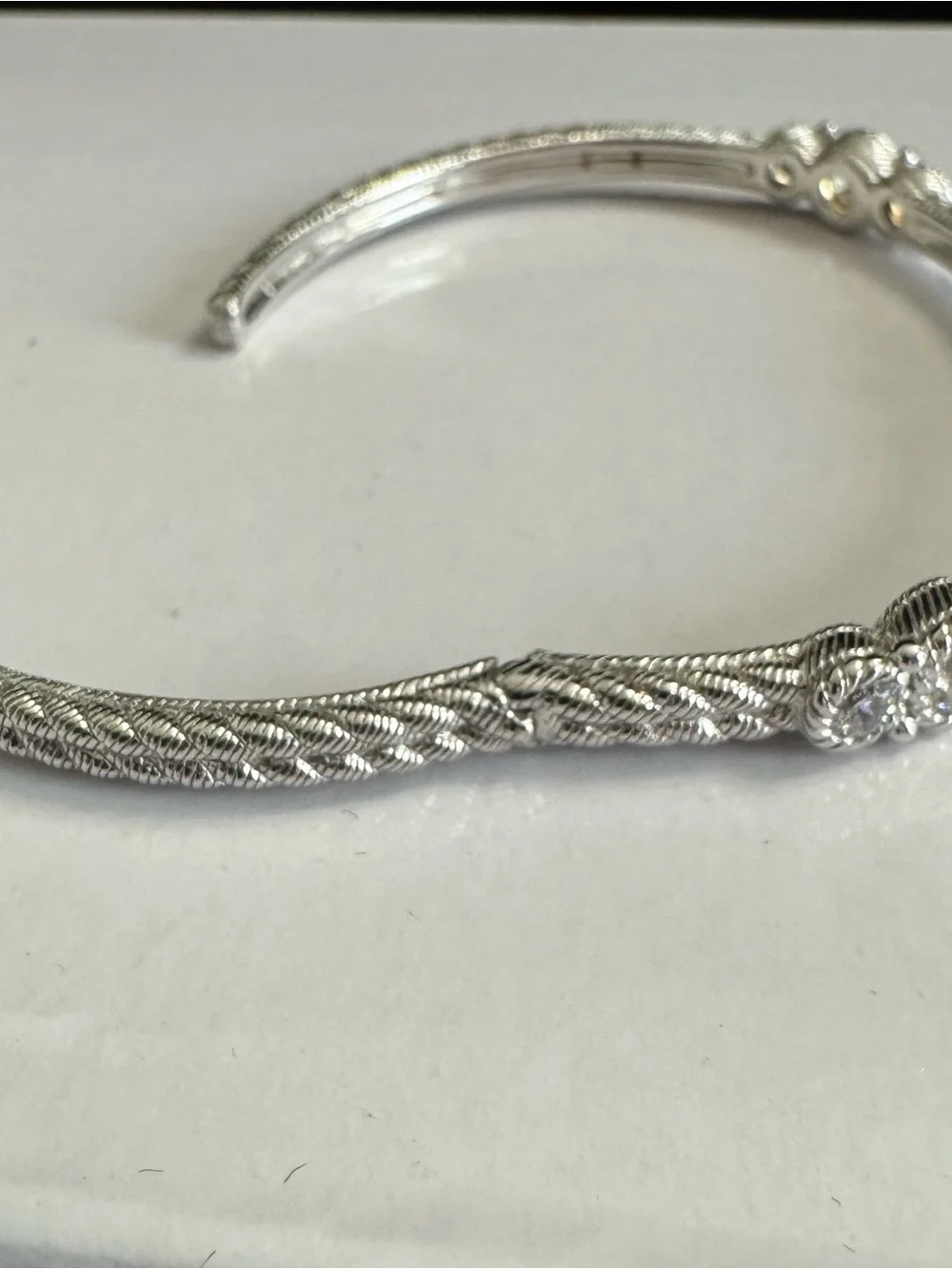 Judith Ripka 925 Silver Textured Bangle w/ Stations 3  Round Diamonique Crystals - Picture 6 of 9